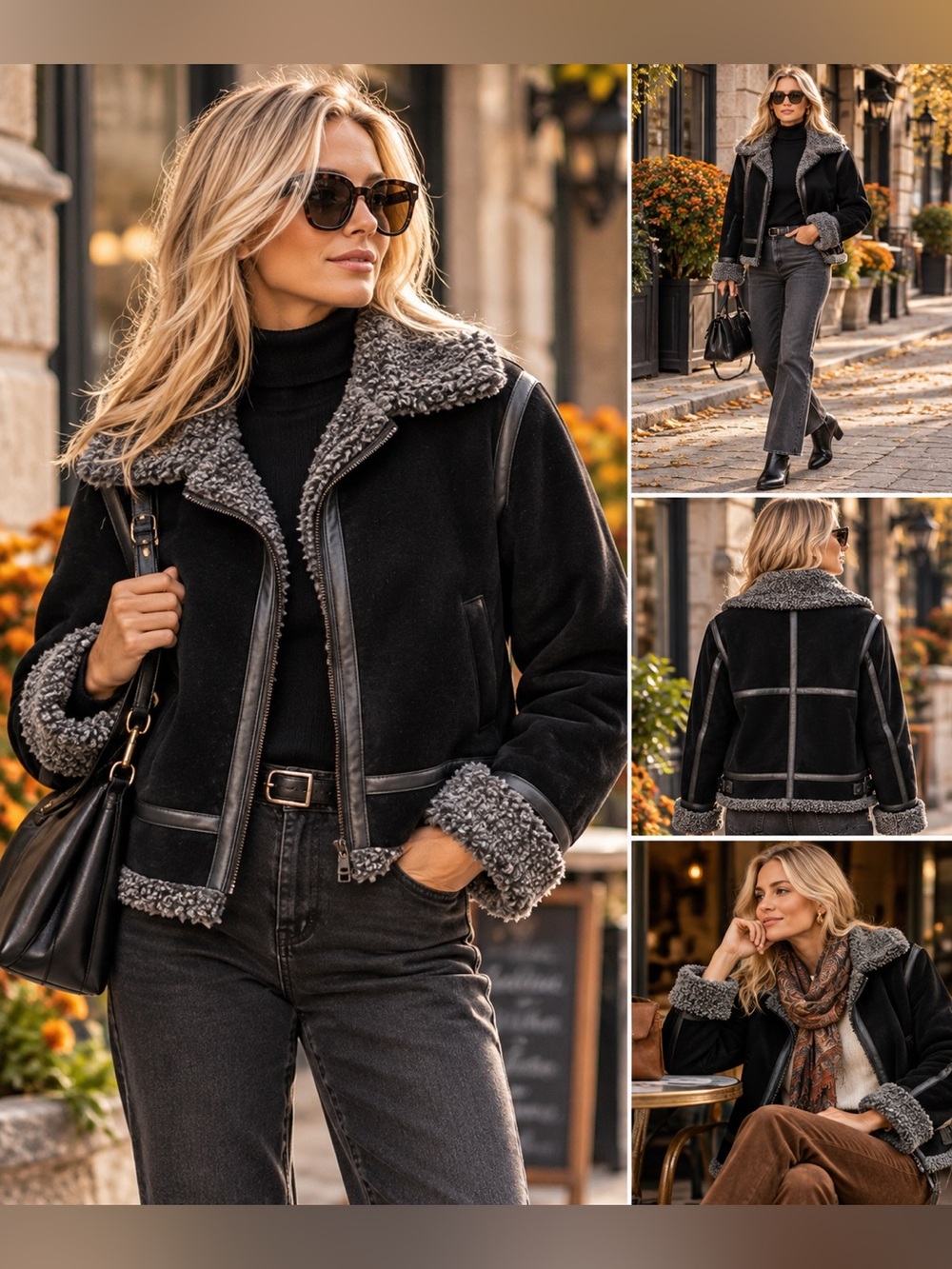 Classic Black Sherpa-Trim Jacket - Women's Coat